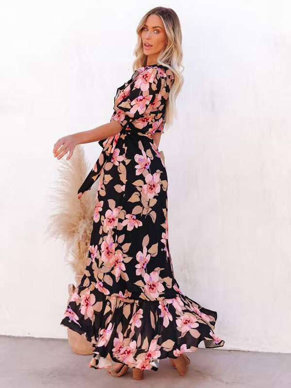 Women's Clothing Dresses | V-Neck Maxi Dress Short Sleeves Polyester Printed Long Dress - GP96256