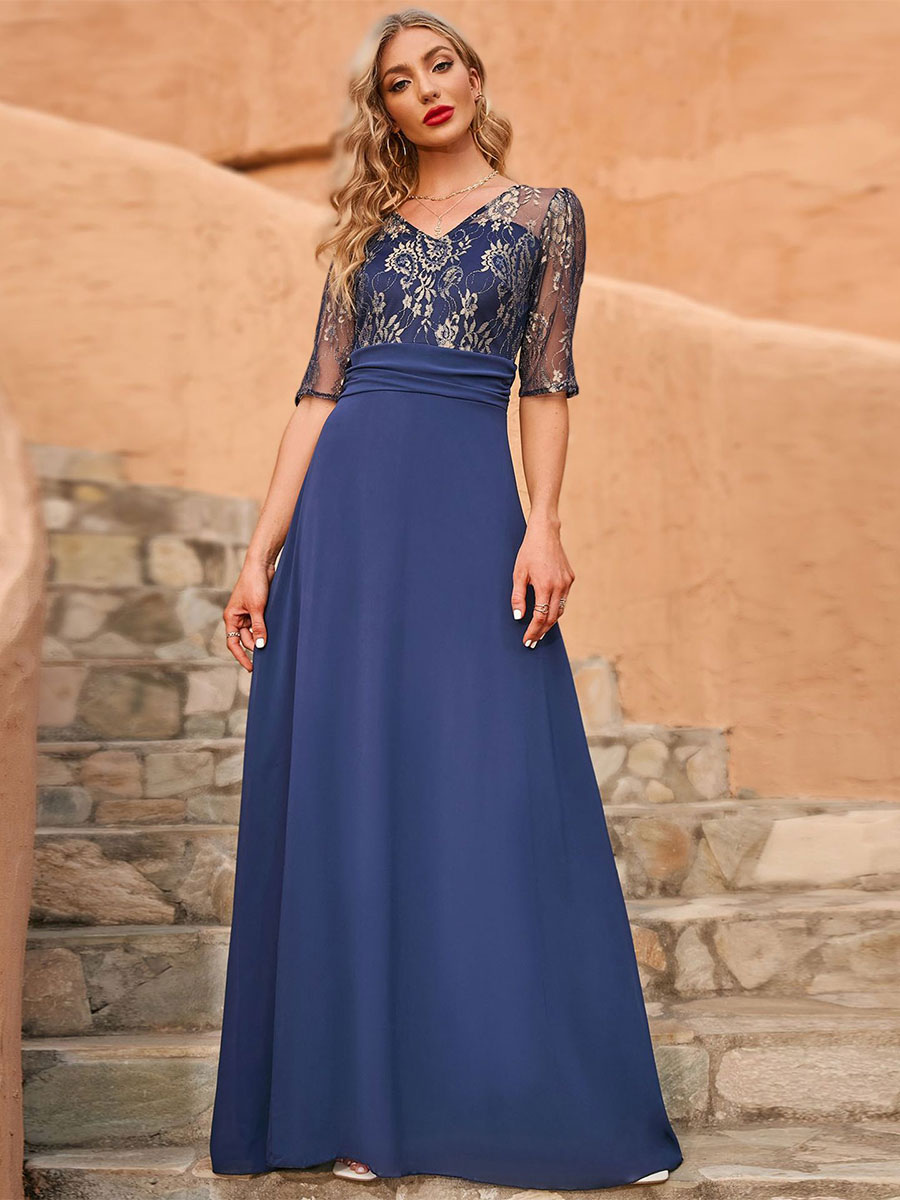 Women's Clothing Dresses | Sweetheart Neck Maxi Dress Half Sleeves Polyester Classic Lace Floor Length Dress - QN91908