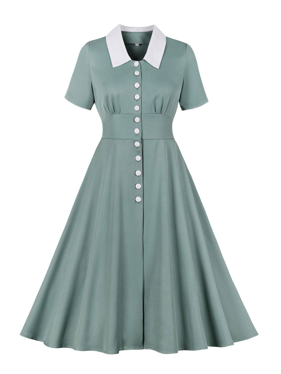 Mode Femme Robes | Robe de Vintage 1950s Courte Femme avec Manches Courtes à Col Revers Coupe Cintrée Bas Evasée Unicolore - CQ15160