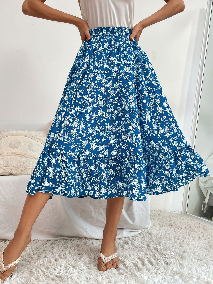 Moda Mujer Mujeres Botones | Falda de mujer Estampado floral azul Poliéster Hasta la mitad de la pantorrilla Pantalones de mujer de otoño e invierno - DC49420