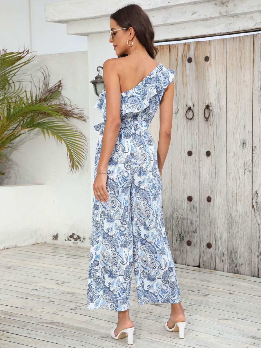 Women's Clothing Jumpsuits & Rompers | Baby Blue Printed One-Shoulder Sleeveless Ruffles Backless Polyester Loose Summer One Pie