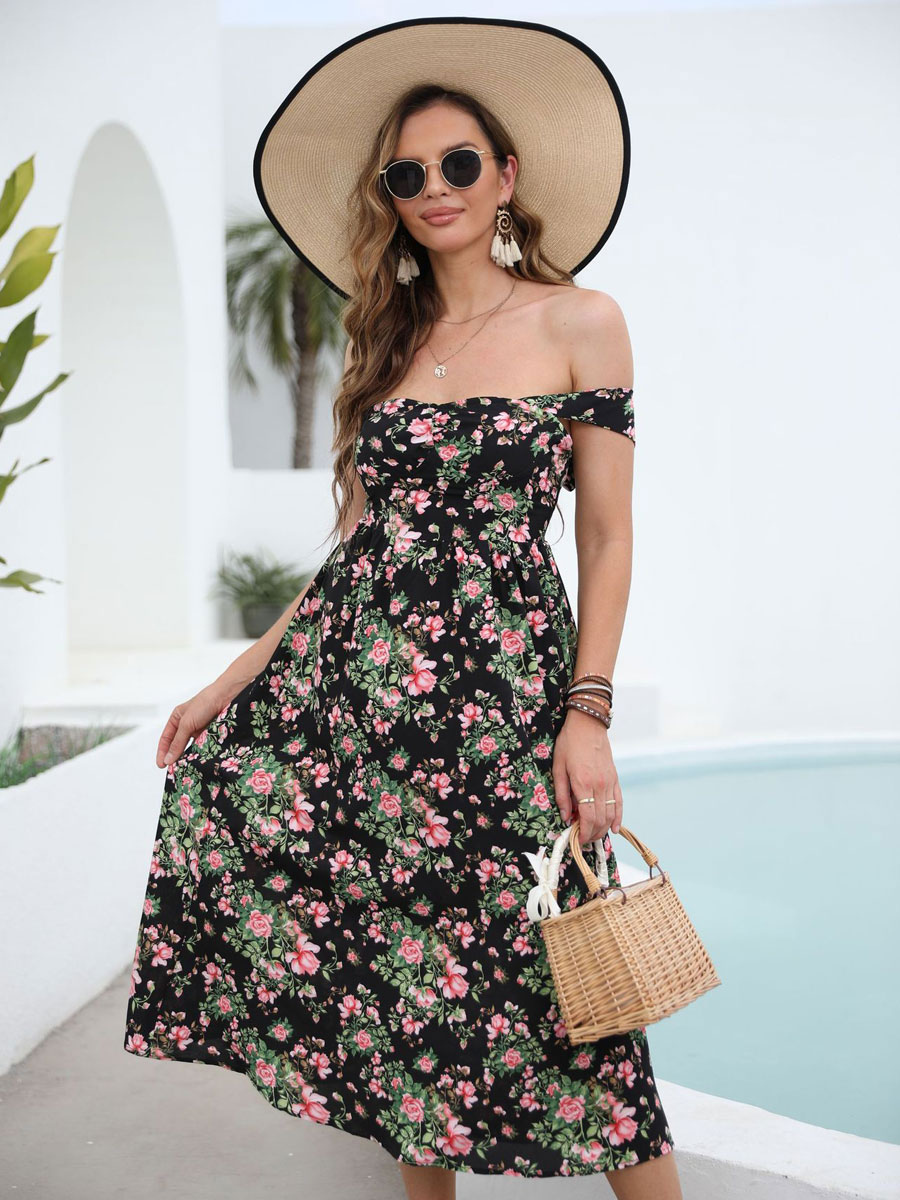 Moda Mujer Vestidos | Vestido de verano Vestido largo de playa negro sin espalda con estampado floral y hombros descubiertos - XC76022