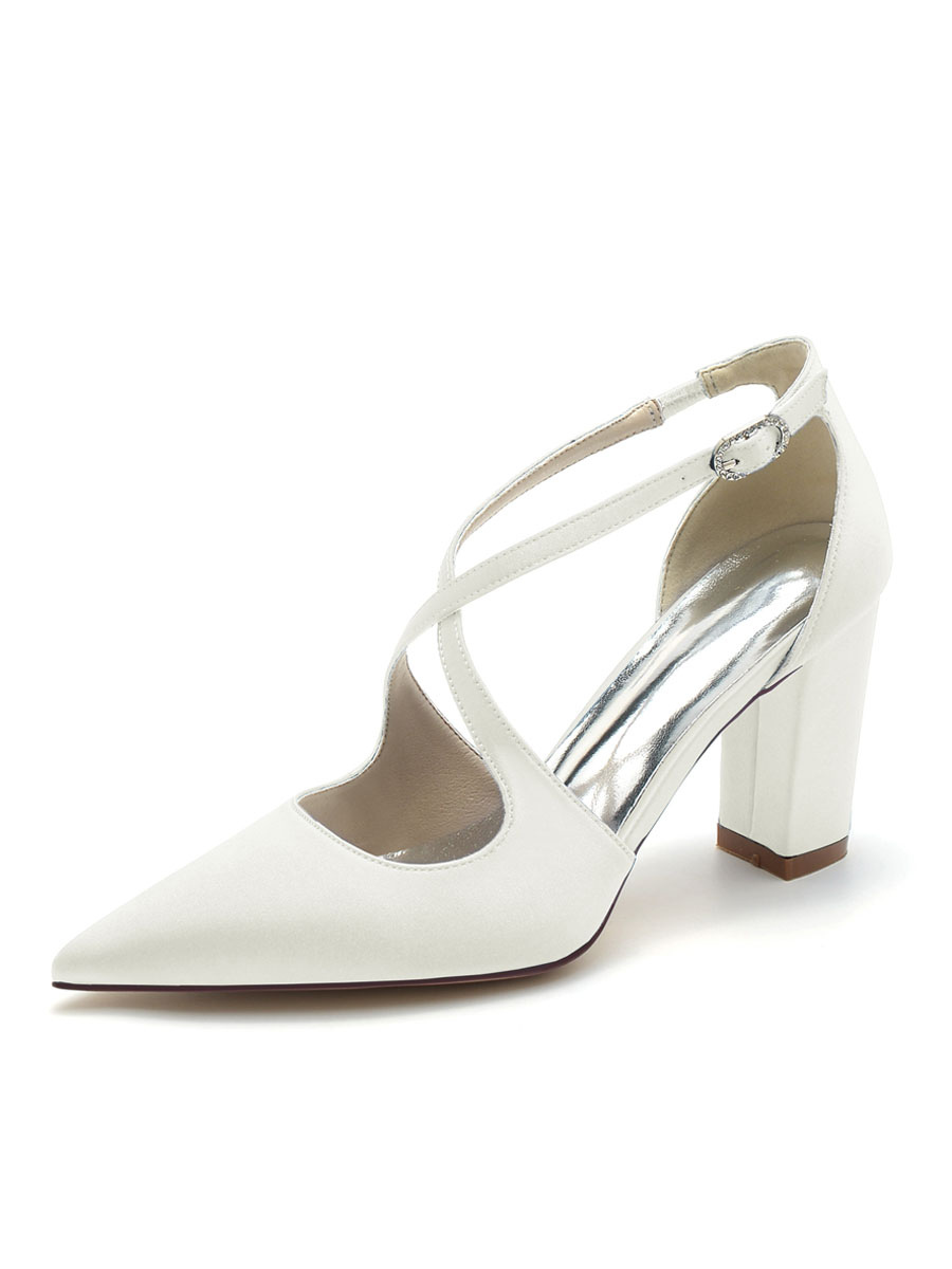 Zapatos de Fiesta | Zapatos de novia de mujer Zapatos de novia de satén con punta en punta y tacón grueso - TW28613