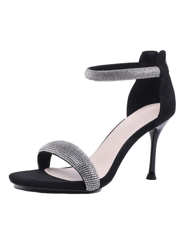 Shoes Occasion Shoes | High Heel Sandals Black Micro Suede Upper Round Toe Rhinestones Evening Shoes Women Party Shoes - GN89072