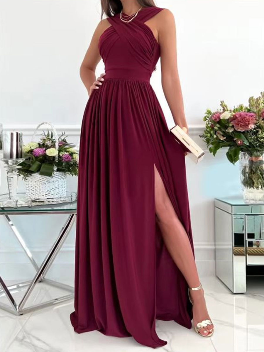 Women's Clothing Dresses | Maxi Dress Halter Sleeveless Polyester Low-slit Long Dress - MO94948