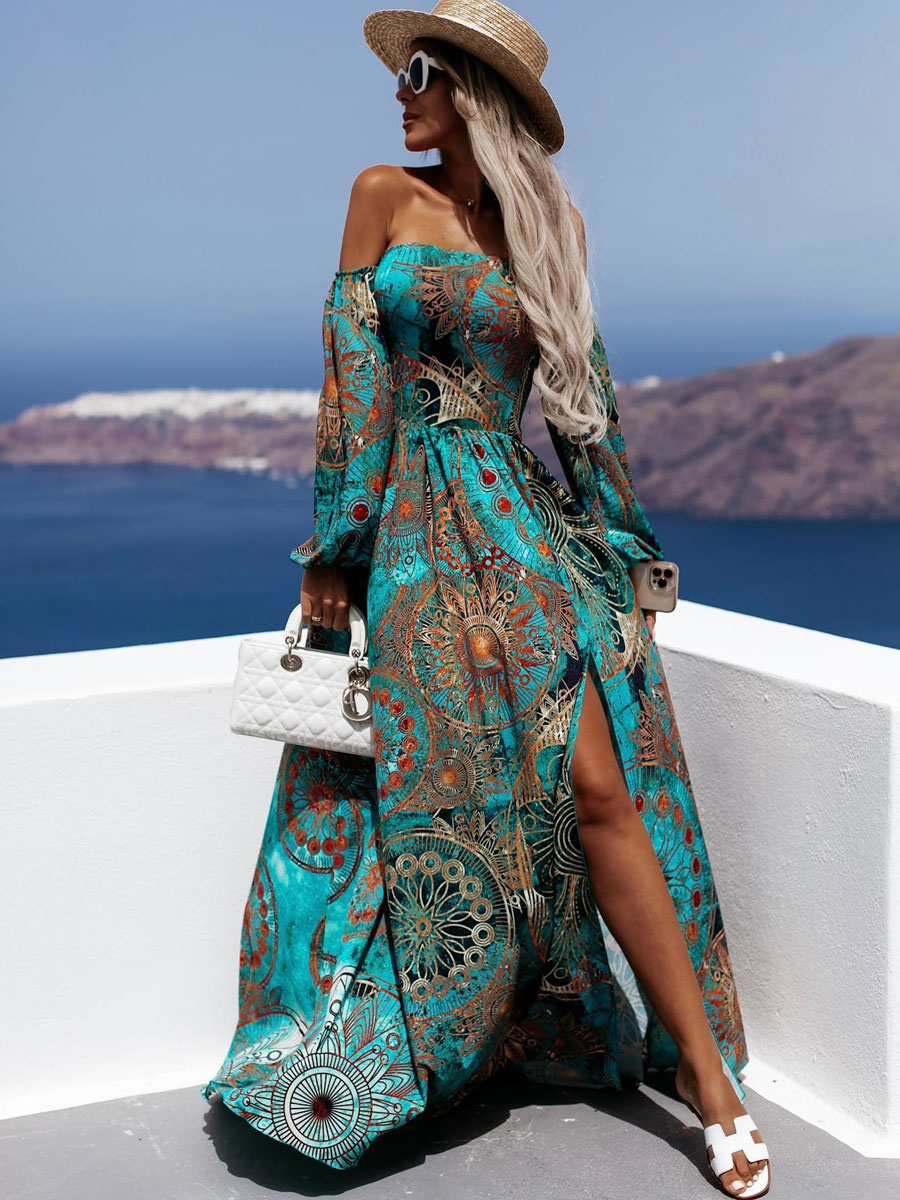 Mode Femme Robes | Robe Maxi Sans Bretelles Manches Longues Polyester Sexy Imprimé Floral Couches Longueur Au Sol Robe - HW09294
