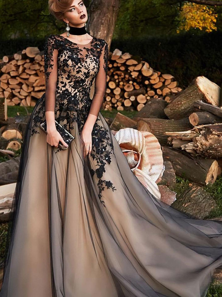 Mariage Robes de mariée | Robes de mariée gothiques noires Polyester A-ligne sans manches en dentelle avec robe de mariée en train - BY36098