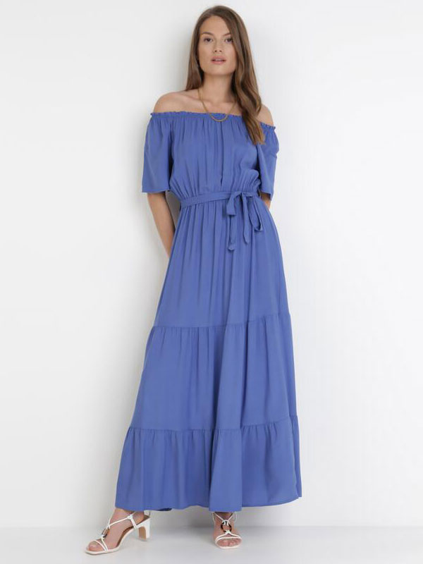 Robe Longue Femme avec Manches Courtes avec Epaule Dénudée Coupe