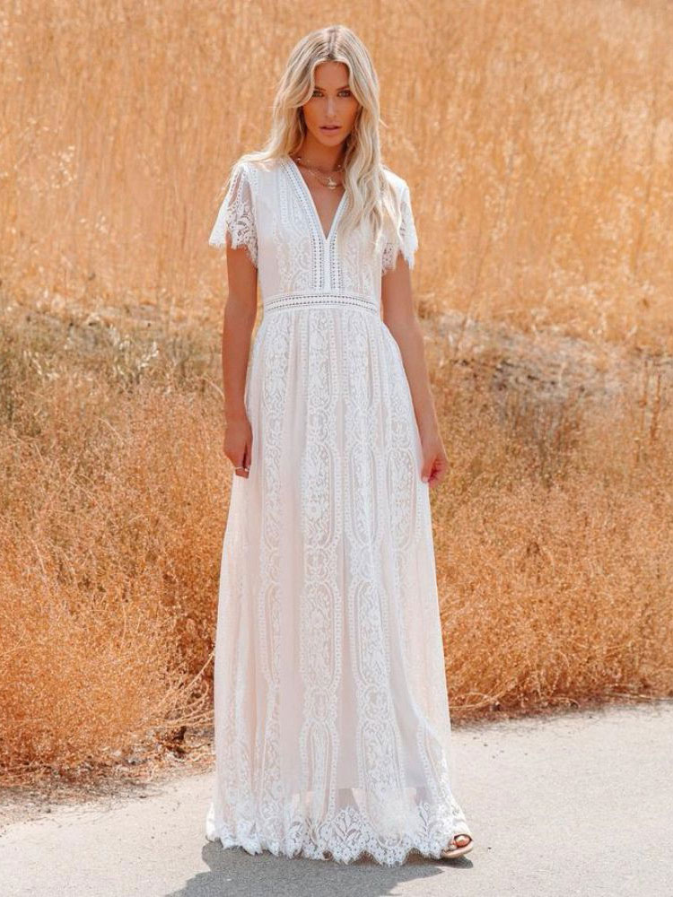 milanoo V-Neck Maxi Dress Half Sleeves Lace Bohemian Floor Length Dress