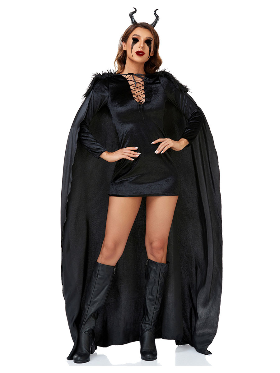 mundo empleo Concurso Halloween Disfraces de Halloween Vestido de capa sexy de mujer negra  Conjunto de poliéster Disfraces de vacaciones - Milanoo.com