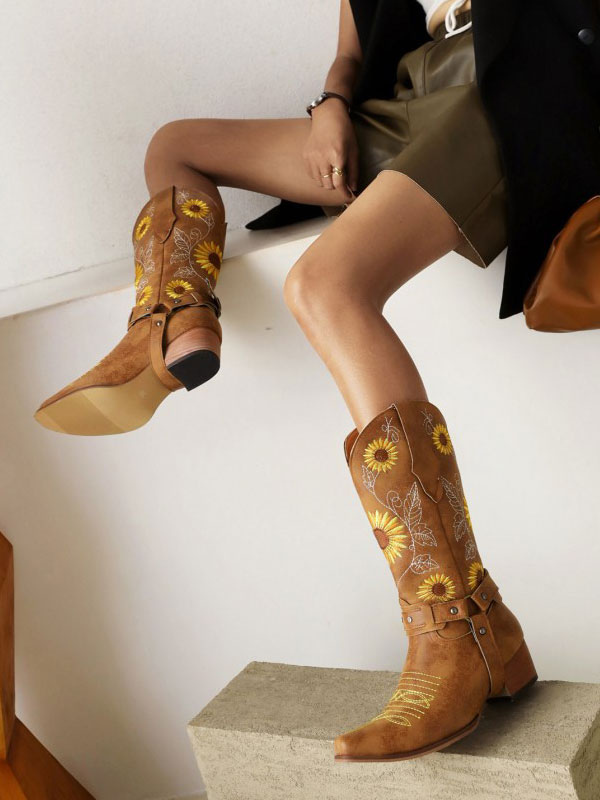Women's Knee High Boots Square Toe Sunflowers Embroidered Chunky Heel Western Boots Cowgirl