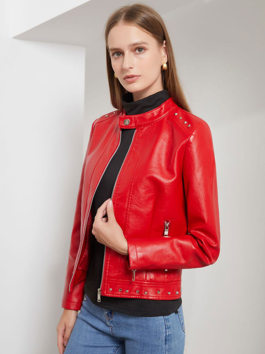Faux Leather Jacket Red PU Zip Up Spring Fall Relaxed Fit Stand Collar ...