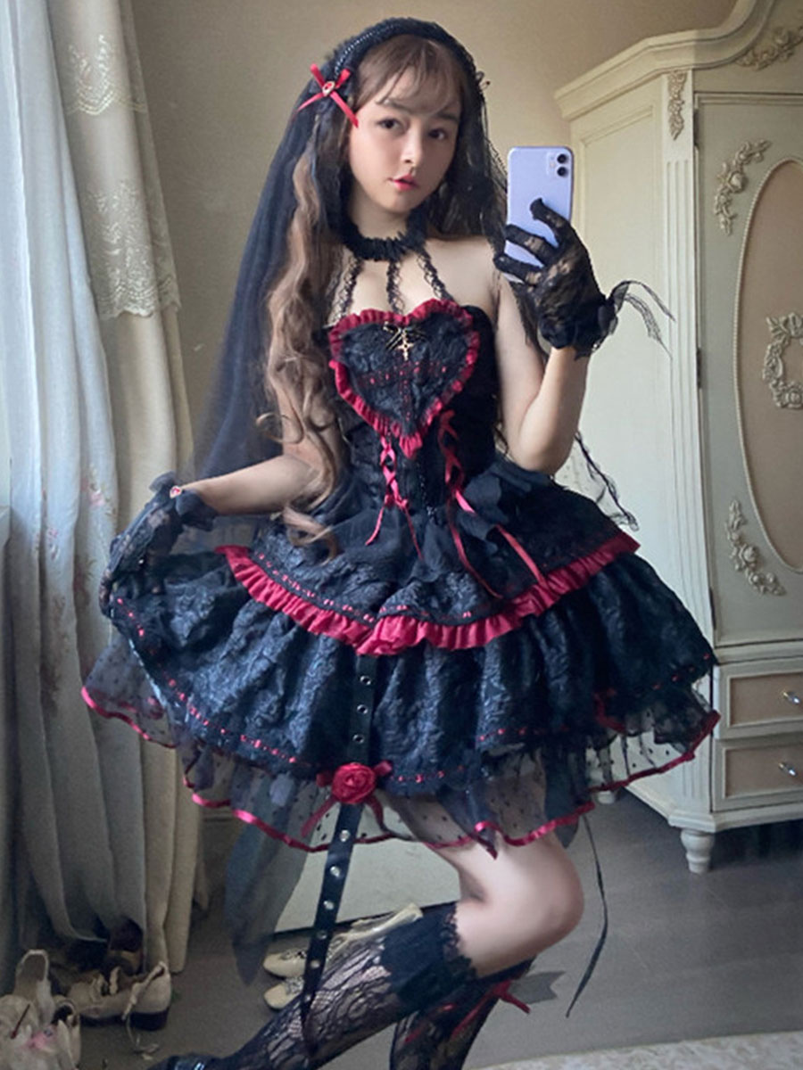 Gothic Lolita Dresses Flowers Lace Black