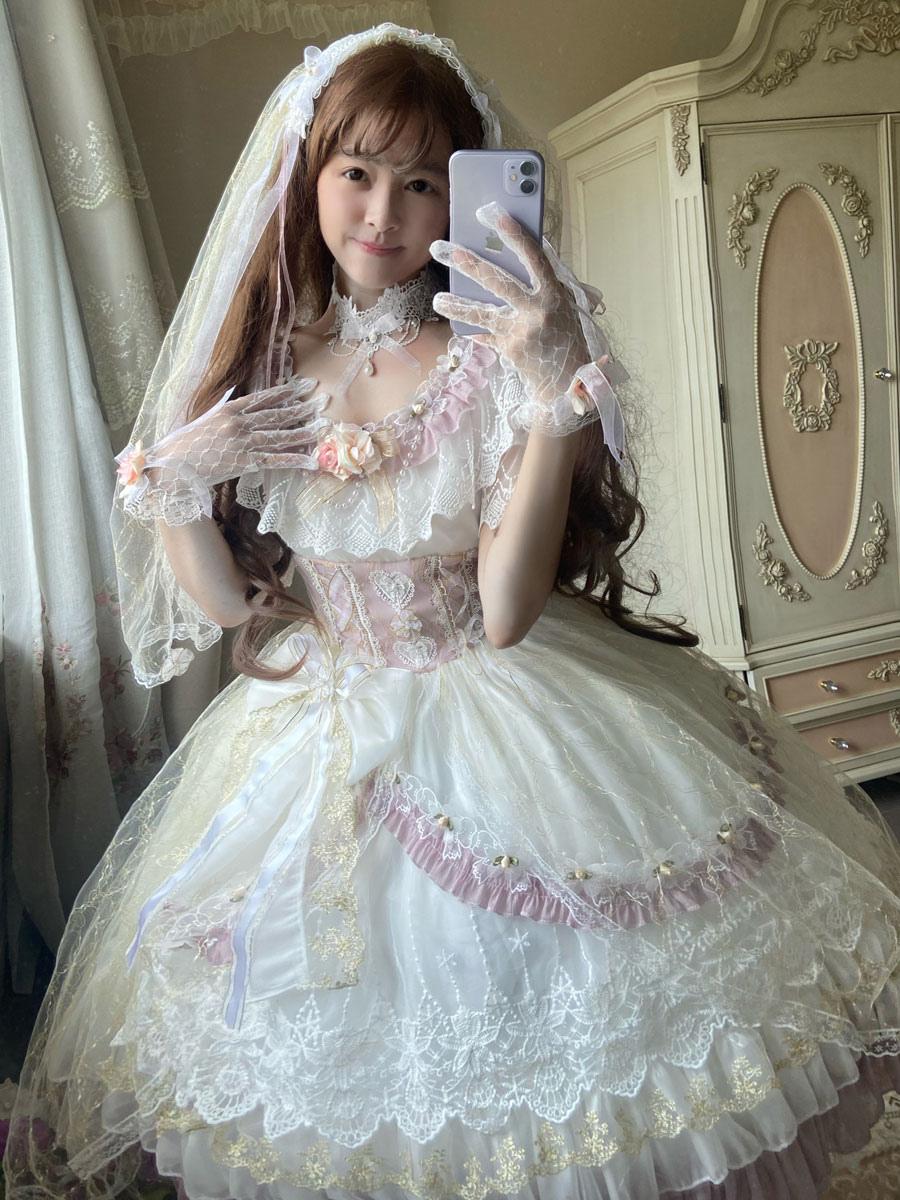 果鈴糖　ヴィクトリアン＊少女と桜＋薔薇(ラベンダー)ロリータドレス スウィートロリータドレス ヴィンテージ ラベンダーアイボリー