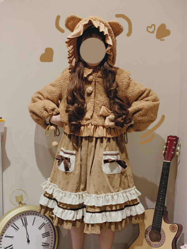 Lolita Coats Coffee Brown Pom Poms Color Block Overcoat Polyester Fall  Lolita Outwears 