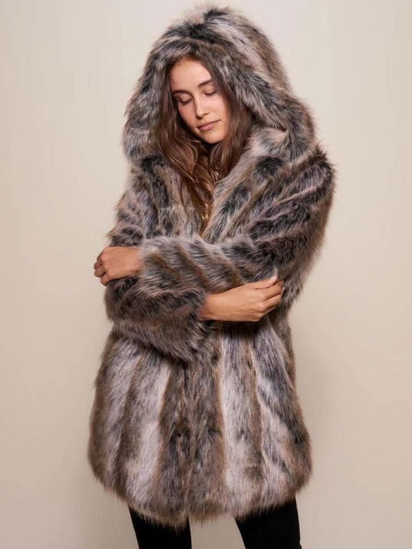 Women's Faux Fur Coat Hooded Winter Midi Outerwear 2023 - Milanoo.com