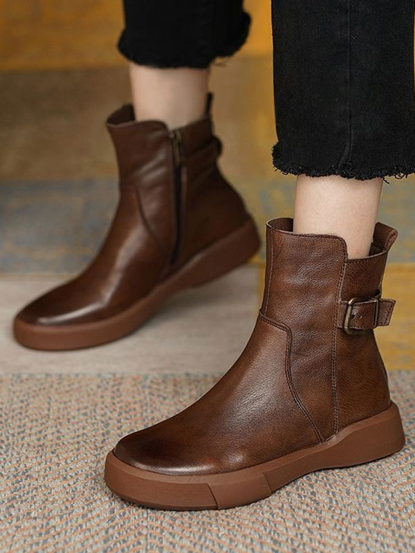 planas de mujer Boots de tobillo redondo de cuero -