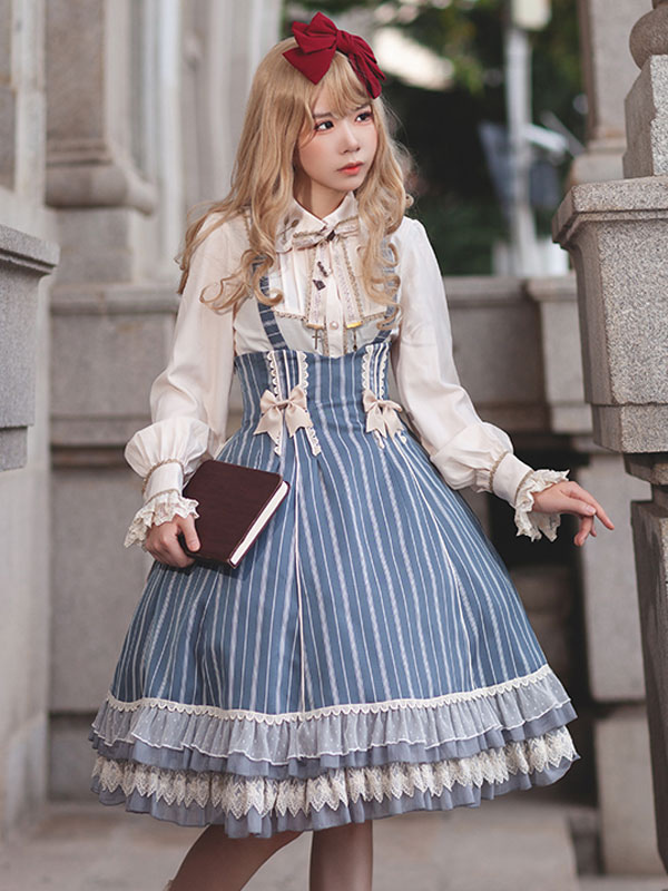 Robe Lolita Classique Nœuds En Coton Sans Manches Rayures Bleu Ciel Clair