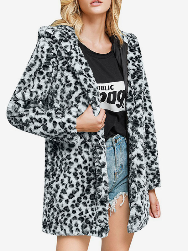 Plush Faux Fur Hooded Coat Leopard Winter Outerwear For Women - Milanoo.com