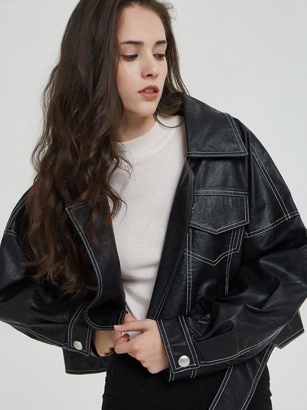 Faux Leather Shirt Jacket Black Turndown Collar PU Relaxed Fit