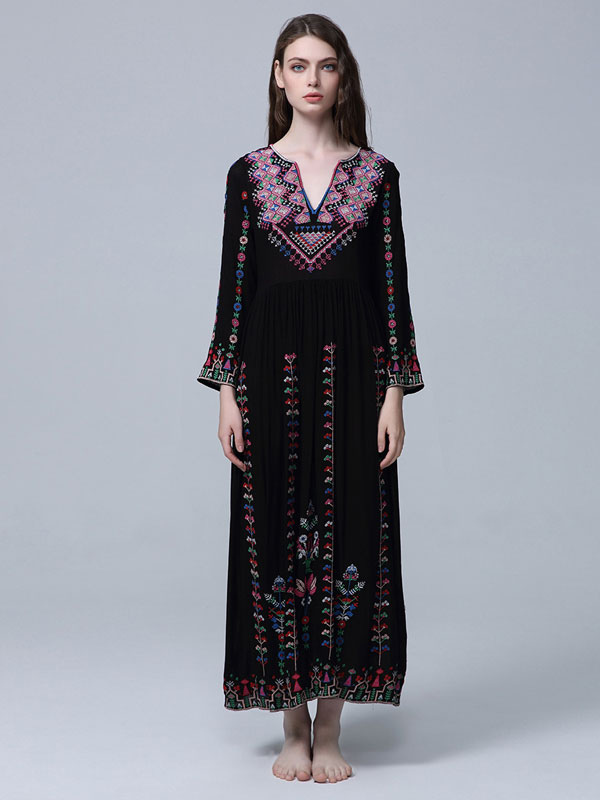Boho Dress Embroidered VNeck Black Long Sleeves Bohemian Gypsy Beach