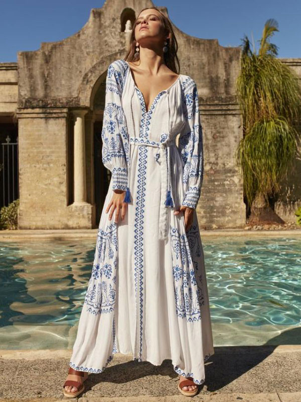 Boho Dress V-Neck Long Sleeves Bohemian Gypsy Beach Vacation White Spring  Summer Belted Maxi Dress For Women - Milanoo.Com