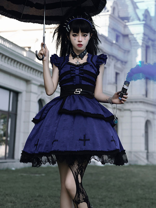 Vestidos Lolita Gótica Volantes Azul 