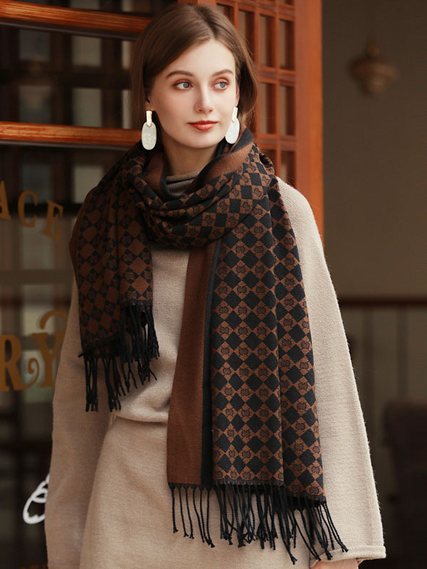 Bufanda de mujer marrón café, larga cálida de invierno de fibra de poliéster con flecos a cuadros atractivos - Milanoo.com
