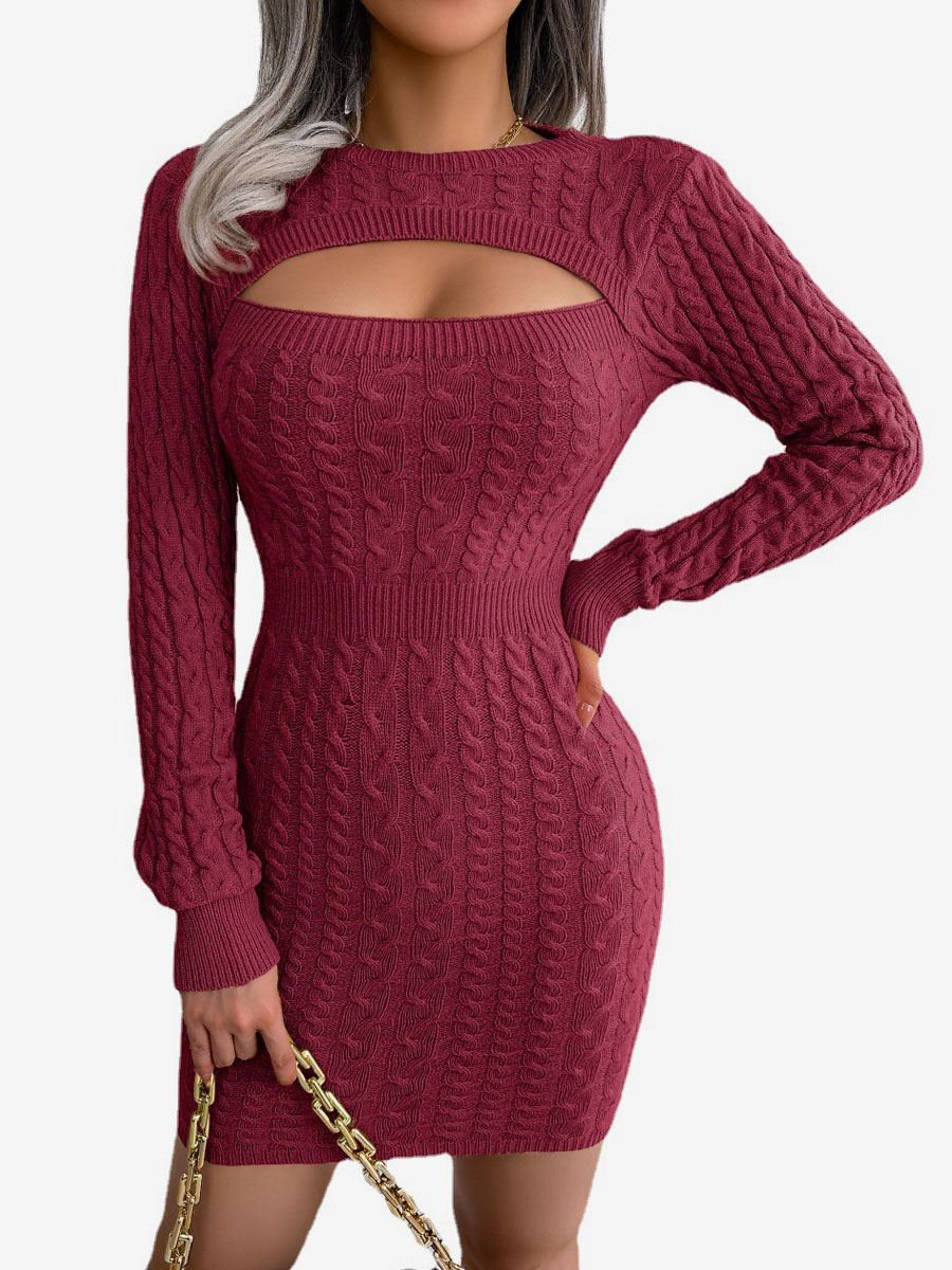 Knitted Dress Charming Acrylic Long Sleeves Cupless Jewel Neck Sweater ...