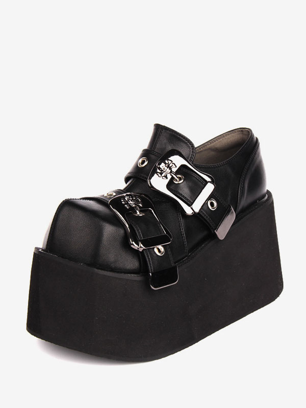 Gothic Lolita Footwear Black Grommets PU Leather Wedge Heel Lolita ...