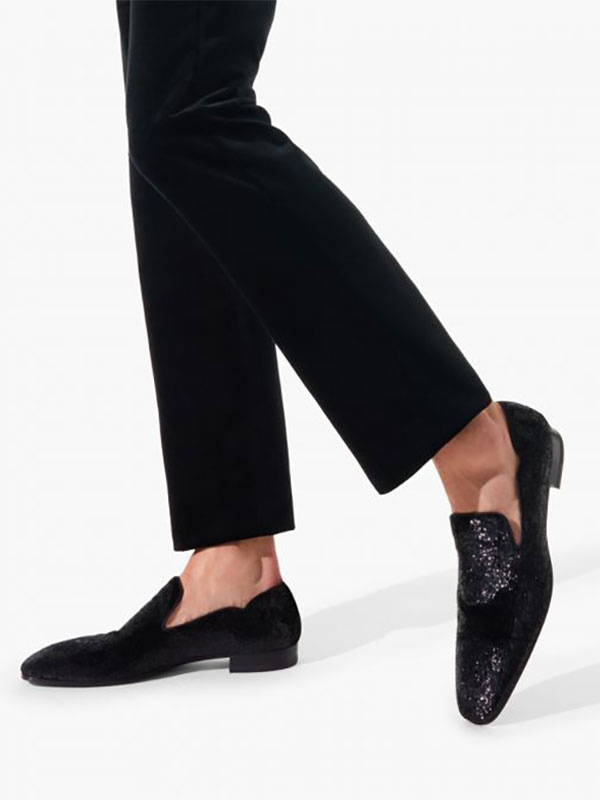 Mens Loafer Shoes Black Square Toe Sequined Cloth SlipOn Dress Shoes