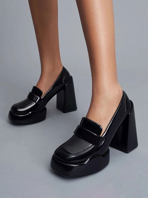pub Testificar césped Mocasines de tacón alto Zapatos de tacón grueso con punta cuadrada negra para  mujer - Milanoo.com