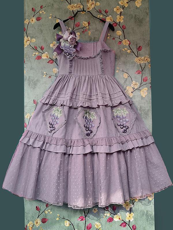 ベージュとパープルの花柄刺繍ロリータドレス 花柄Aラインドレス/山崎みどり - カラードレス