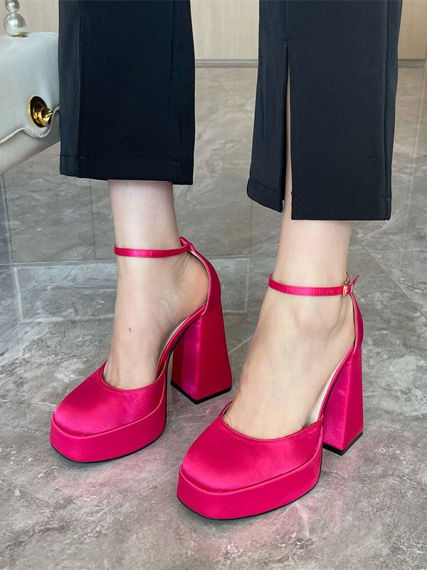 Zapatos de tacón alto para mujer, de satén, con punta cuadrada, tacón en bloque, con correa en el tobillo, baile de graduación - Milanoo.com