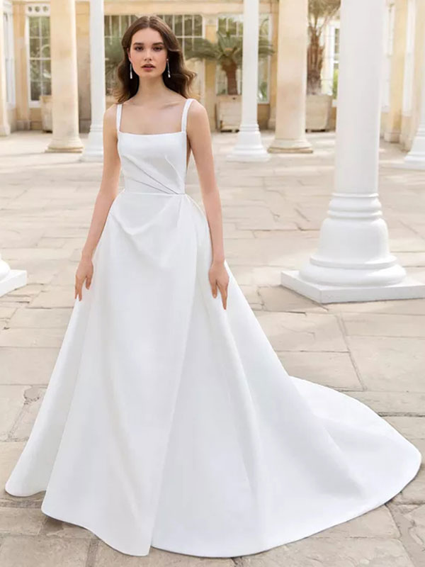 Vestido de novia simple 2023 Tela satinada Cuello cuadrado Sin mangas  A-Line Vestidos de novia Personalización gratuita 