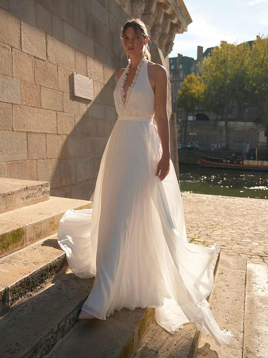 Vestido de novia simple Línea A Escote en V Sin mangas Faja Vestidos de novia Milanoo.com