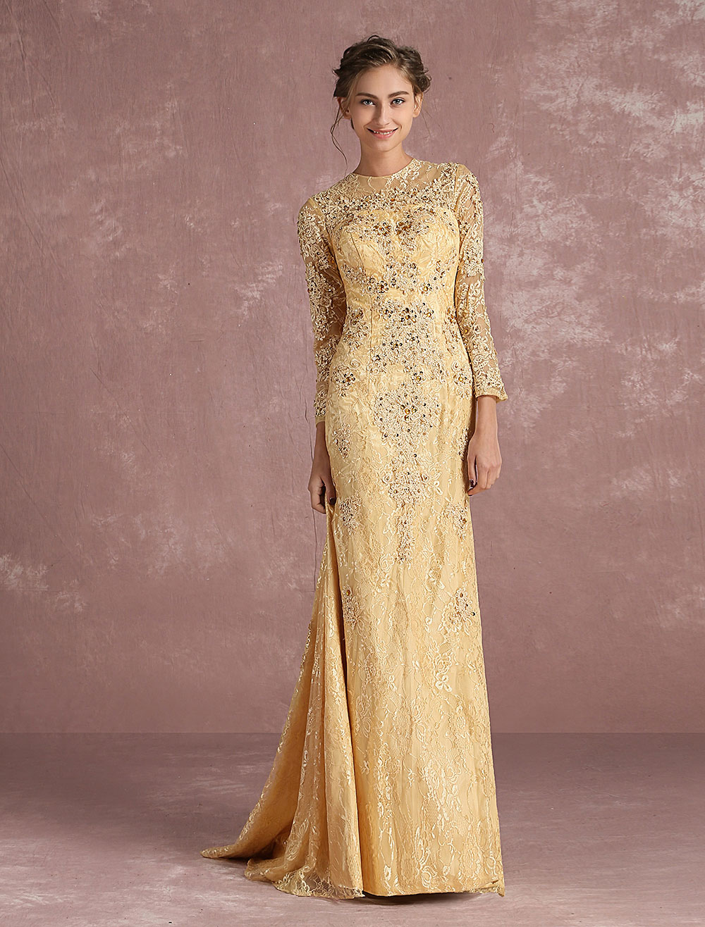 Vestido de noche Color ligero de oro con larga con escote redondo de - Milanoo.com