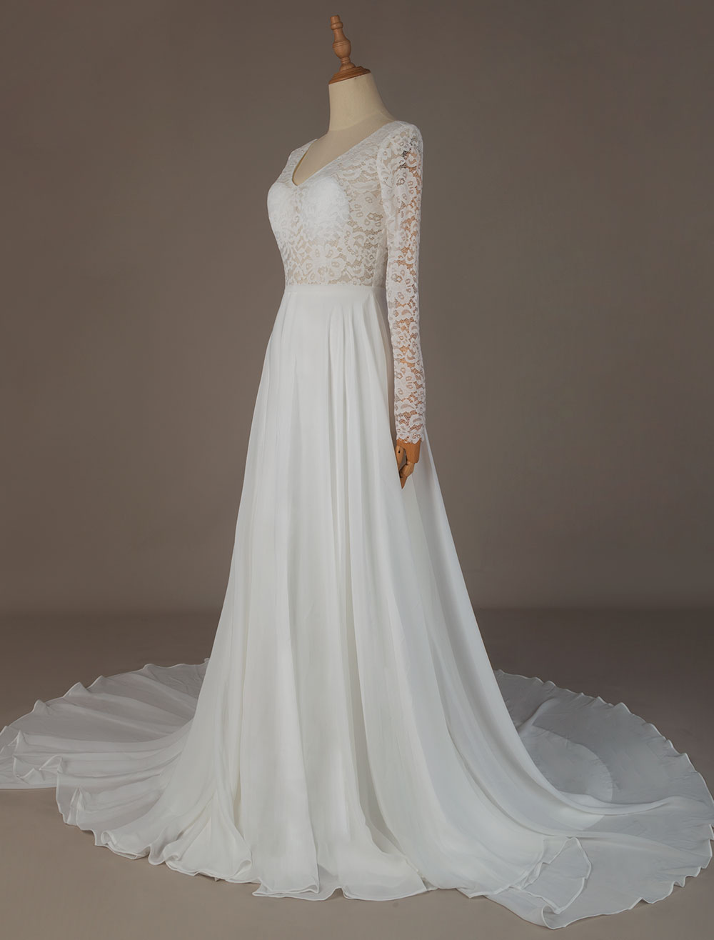 Simple Wedding Dress A Line V Neck Long Sleeve Floor Length Chiffon ...