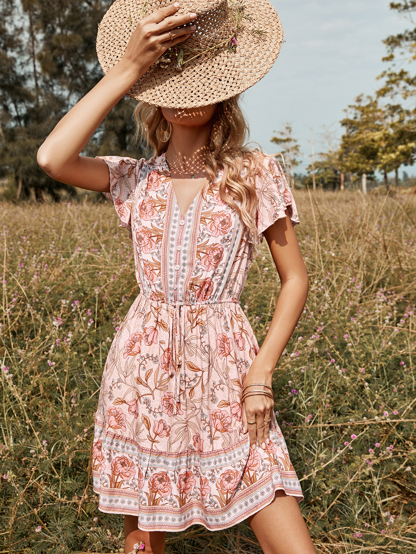 Women's Clothing Dresses | Summer Dress V-Neck Floral Print Pink Beach Dress - ZQ03106