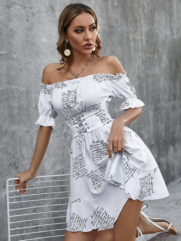 Women's Clothing Dresses | Summer Dress Bateau Neck Printed White Short Beach Dress - FZ83480