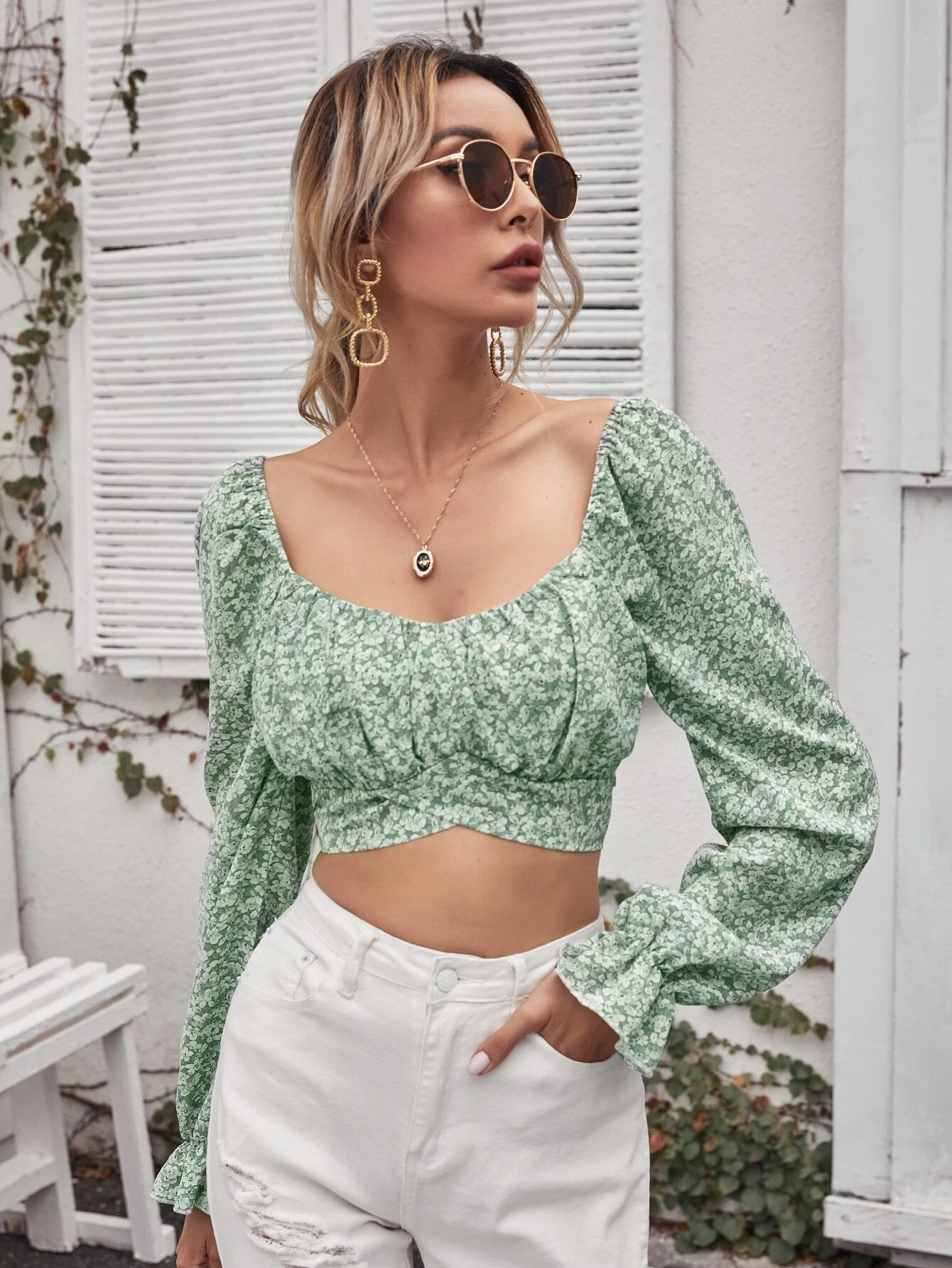 Women's Clothing Tops | Women Crop Top Green Polyester Long Sleeves Casual Tops - VZ41253