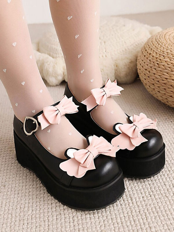 Sweet Lolita Footwear Black Bows Round Toe PU Leather Lolita Shoes -  