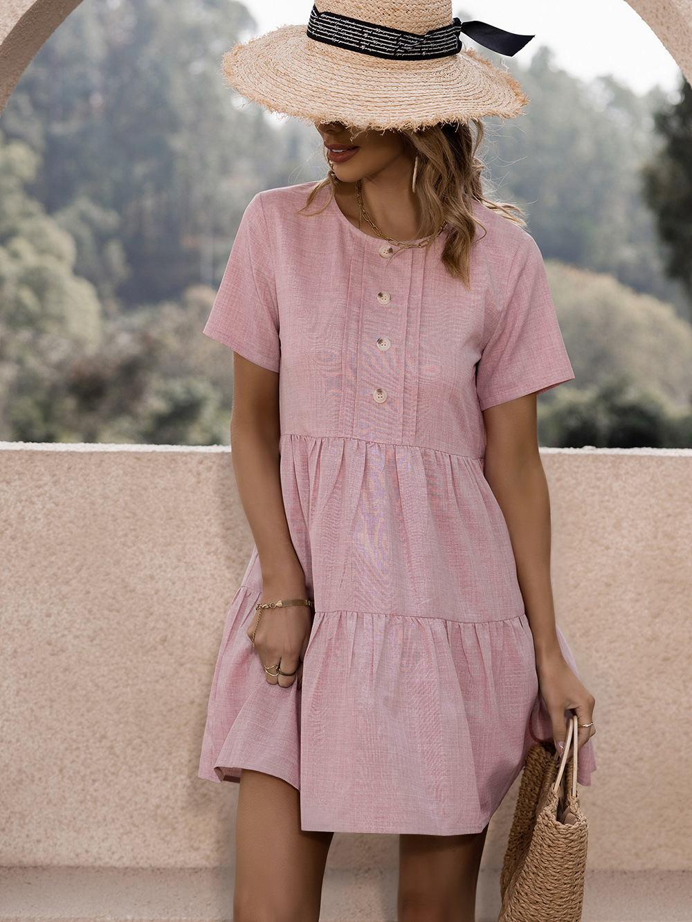 Women's Clothing Dresses | Summer Dress Jewel Neck Pink Short Beach Dress - MX36950