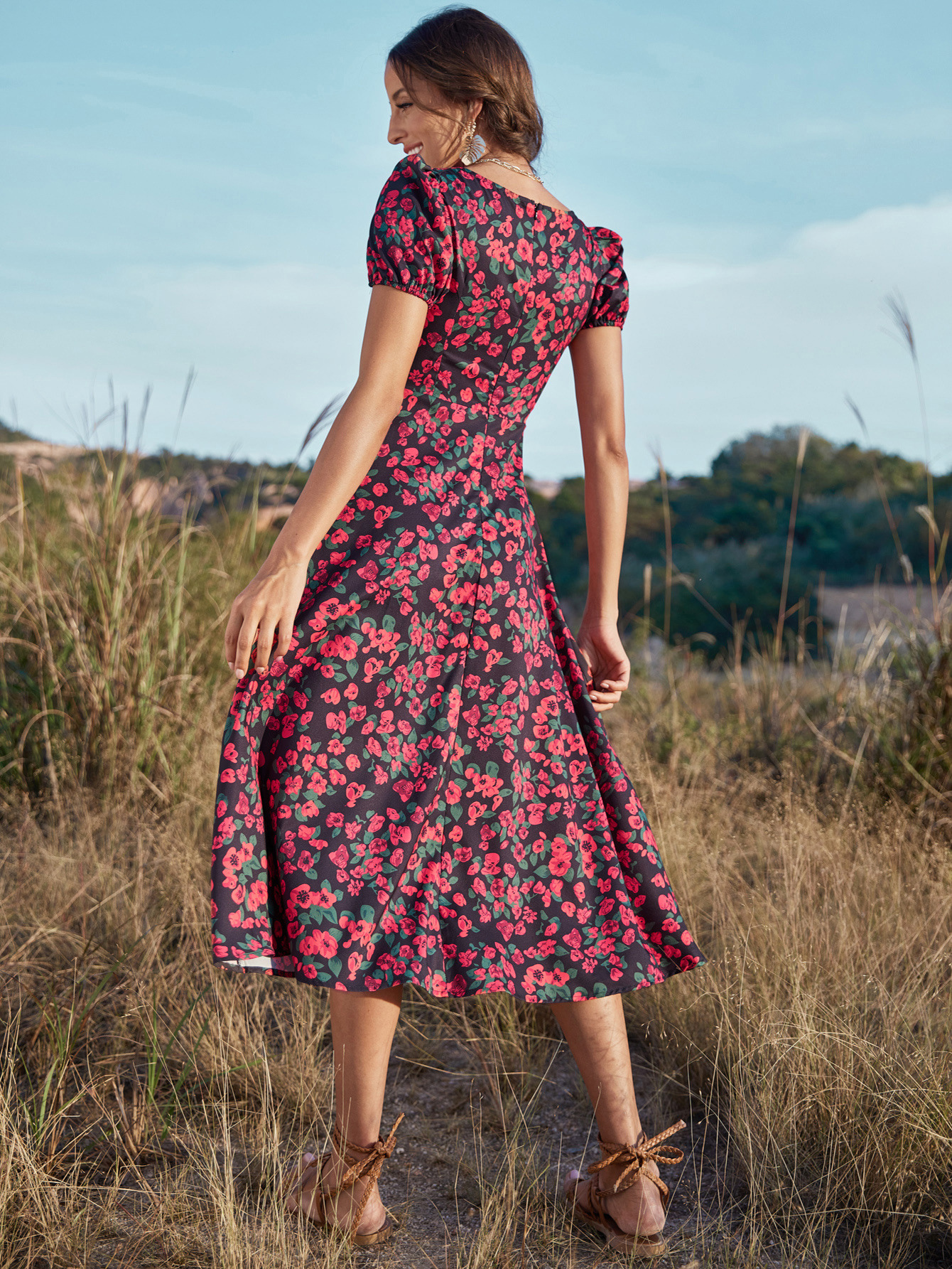 Women's Clothing Dresses | Jewel Neck Maxi Dress Short Sleeves Polyester Casual Floral Print Long Dress - JV95048