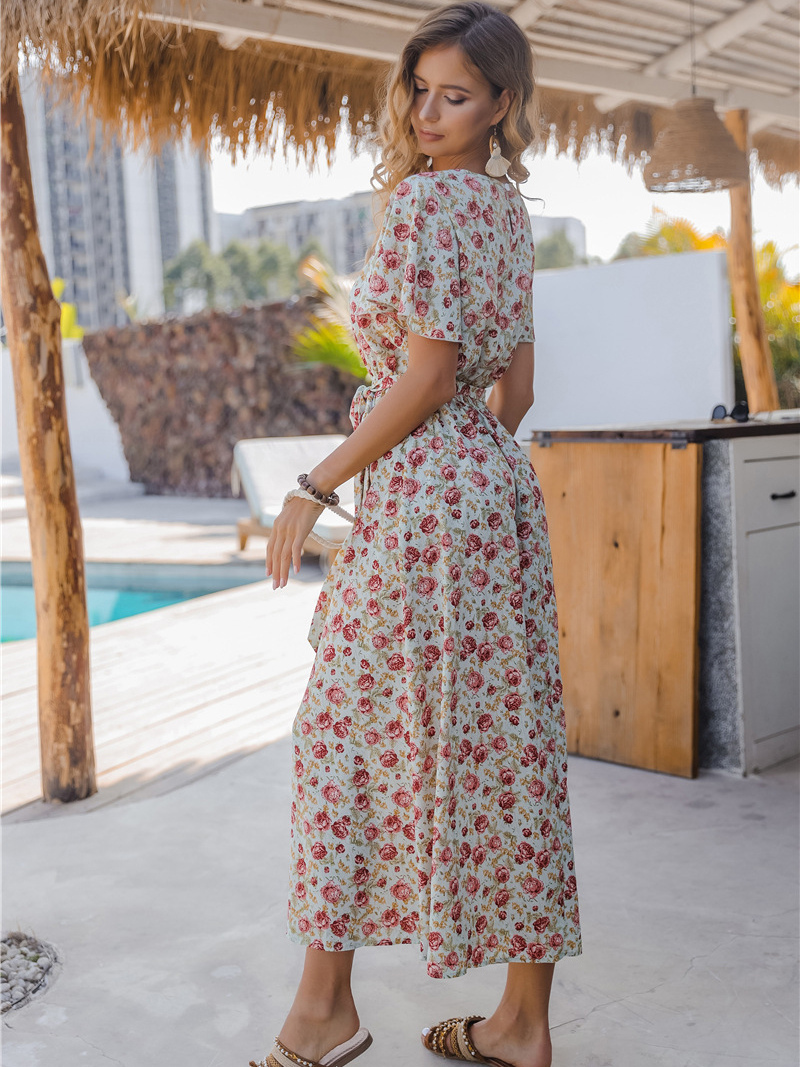 Women's Clothing Dresses | Maxi Dress Jewel Neck Short Sleeves Polyester Casual Floral Print Long Dress - JM86542