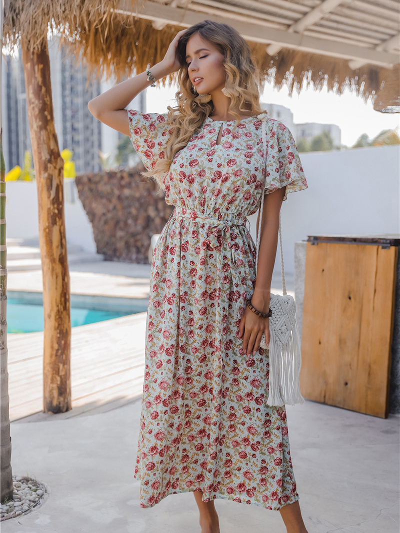 Women's Clothing Dresses | Maxi Dress Jewel Neck Short Sleeves Polyester Casual Floral Print Long Dress - JM86542