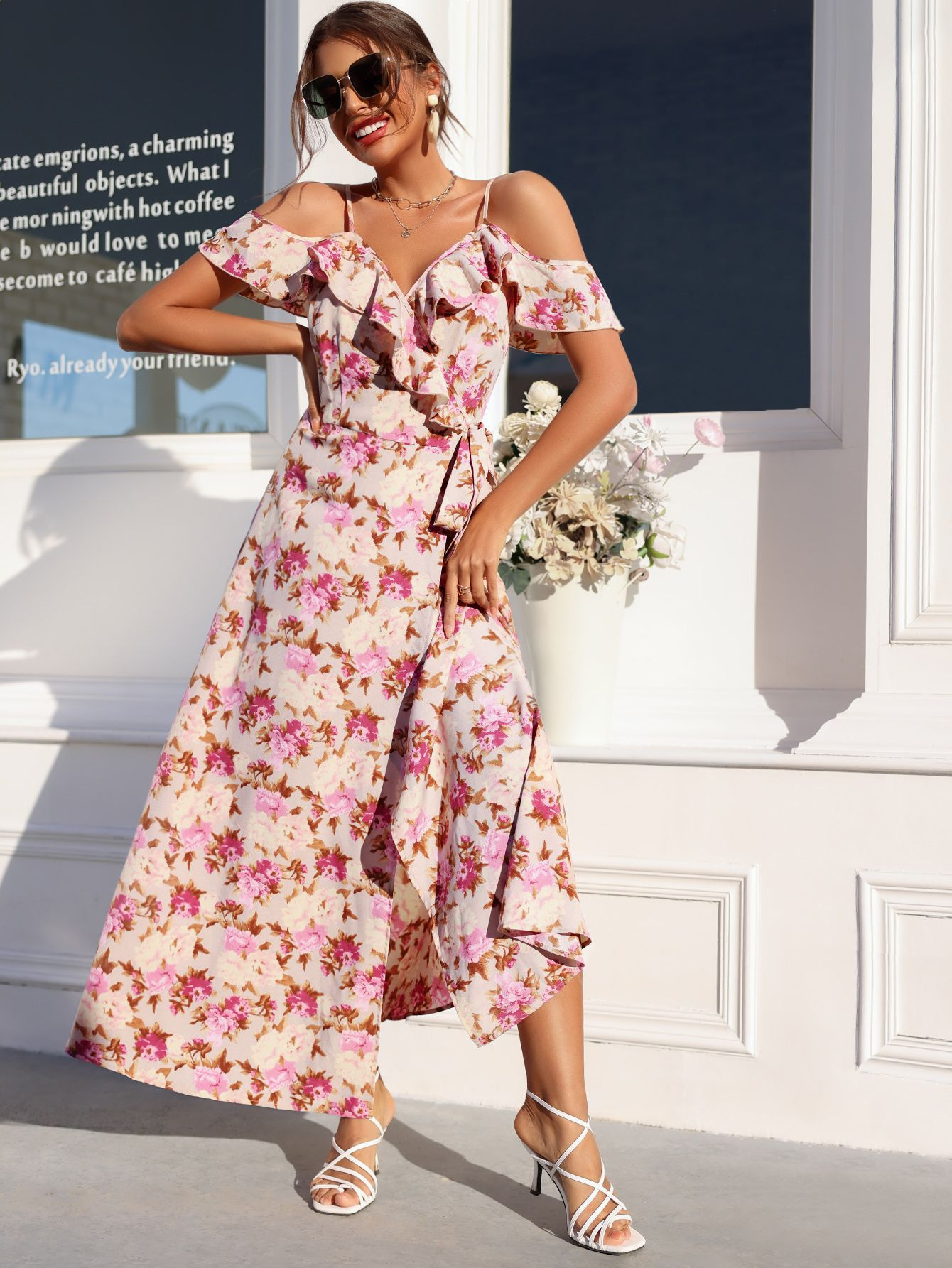 Women's Clothing Dresses | Bateau Neck Maxi Dress Short Sleeves Polyester Casual Floral Print Floor Length Dress - LR92358