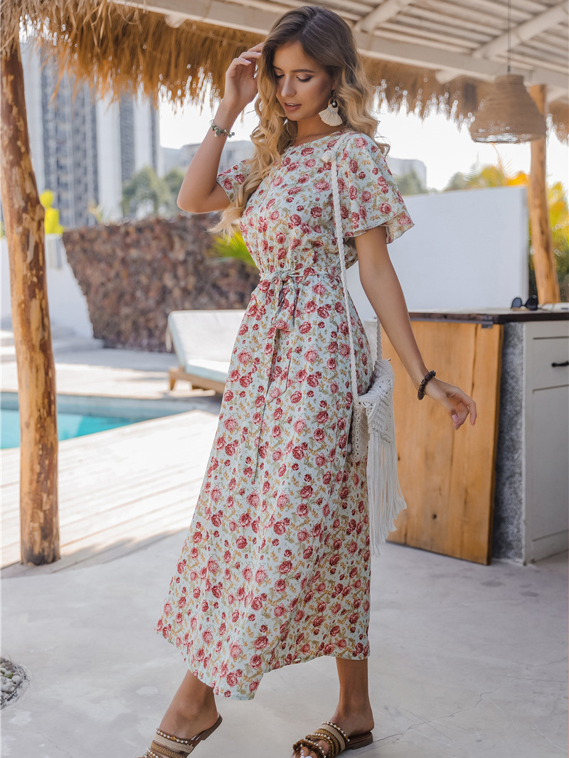 Women's Clothing Dresses | Maxi Dress Jewel Neck Short Sleeves Polyester Casual Floral Print Long Dress - JM86542