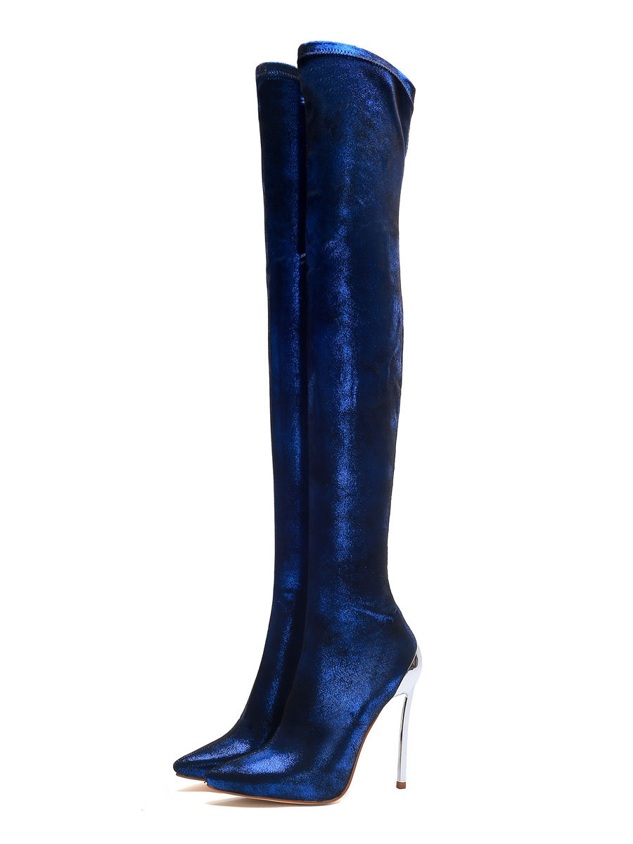 Zapatos de Mujer | Botas sobre la rodilla Botas altas hasta el muslo con tacón de aguja y punta puntiaguda azul con lentejuelas - OX21525