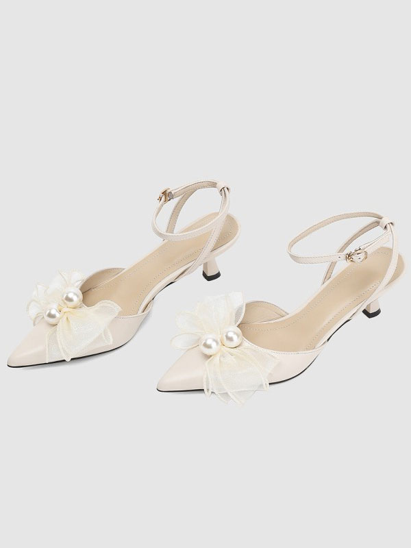 Shoes Occasion Shoes | Women's Ankle Strap Jeweled Bow Kitten Heel Bridal Pumps in Genuine Leather - NY25251